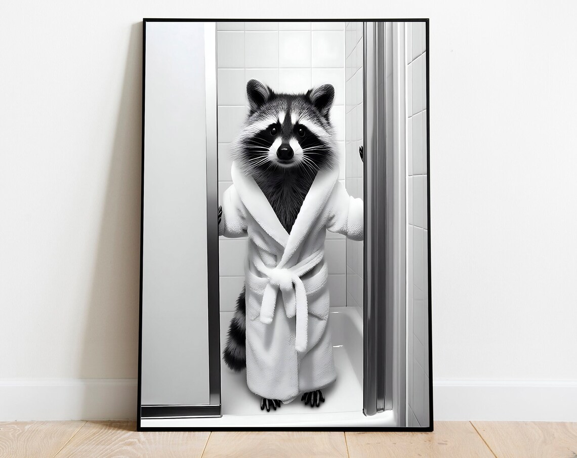 Cute Raccoon In Bathrobe, Funny Kids Bathroom Poster