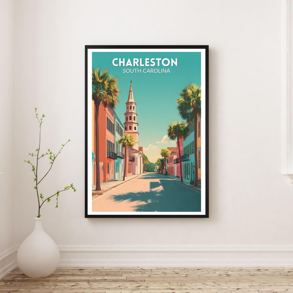 Charleston South Carolina Rainbow Row Palms Street Travel Art Poster