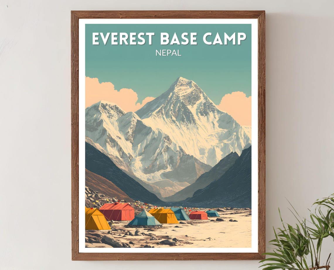 Everest Base Camp Nepal Retro Travel Poster Tents Mountain View