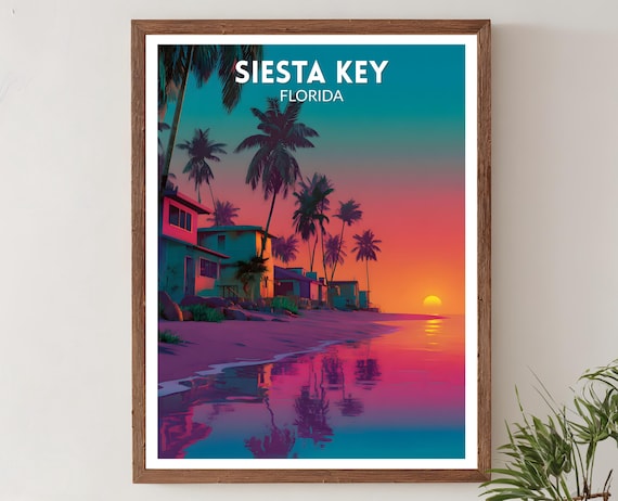 Siesta Key Florida Vibrant Retro Futuristic Sunset Beach Poster