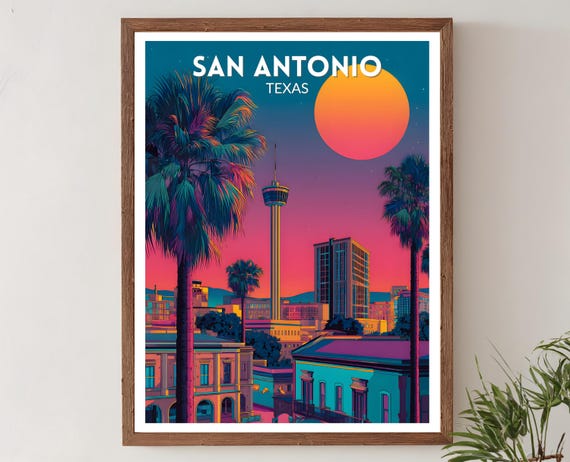 San Antonio Texas Vibrant Travel Poster Retro Futuristic Wall Art Print Colorful Cityscape Modern Decor