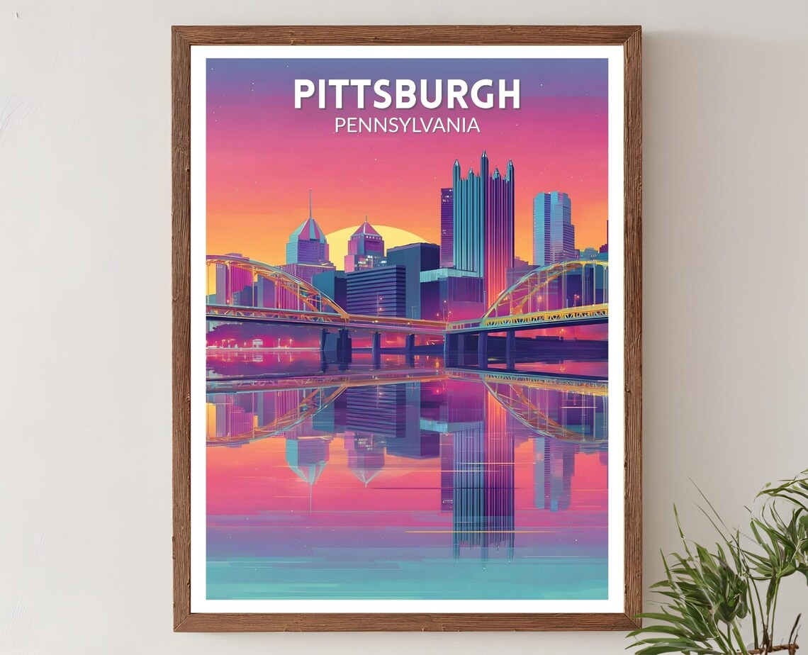 Pittsburgh Pennsylvania Neon City Skyline Bridges Travel Poster