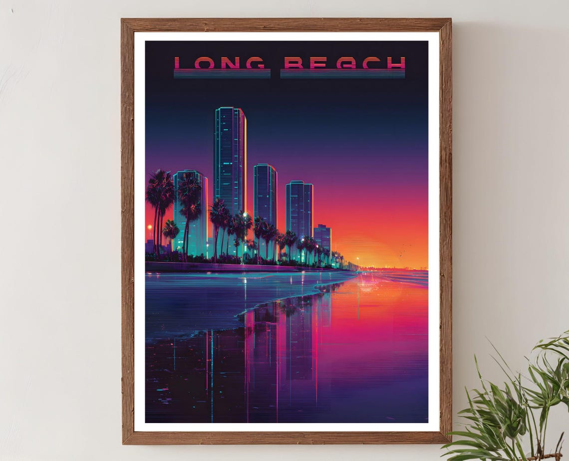 Long Beach Neon Skyline Retro Futuristic Sunset Ocean Palm Wall Art