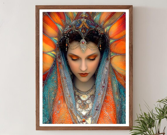 Regal Woman Vibrant Beaded Gown Cultural Portrait Art Poster