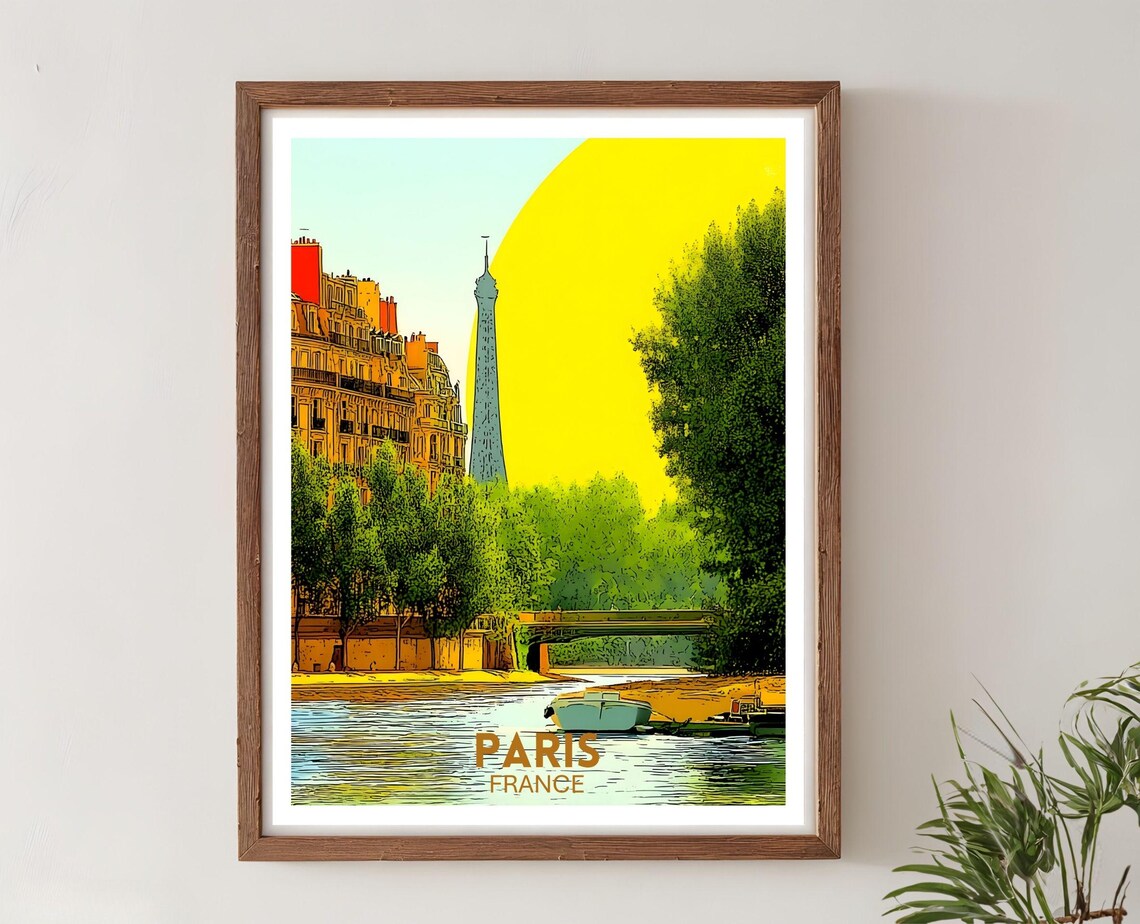 Paris France Eiffel Tower Sunset Seine River Boat Travel Poster