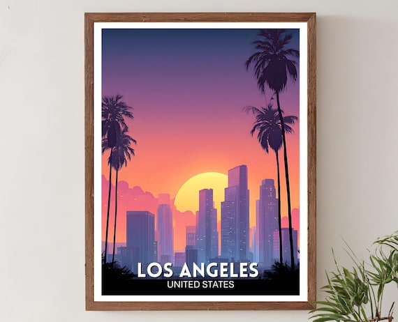 Los Angeles Travel Print Wall Art Usa Poster Modern Sunset Skyline Artwork America