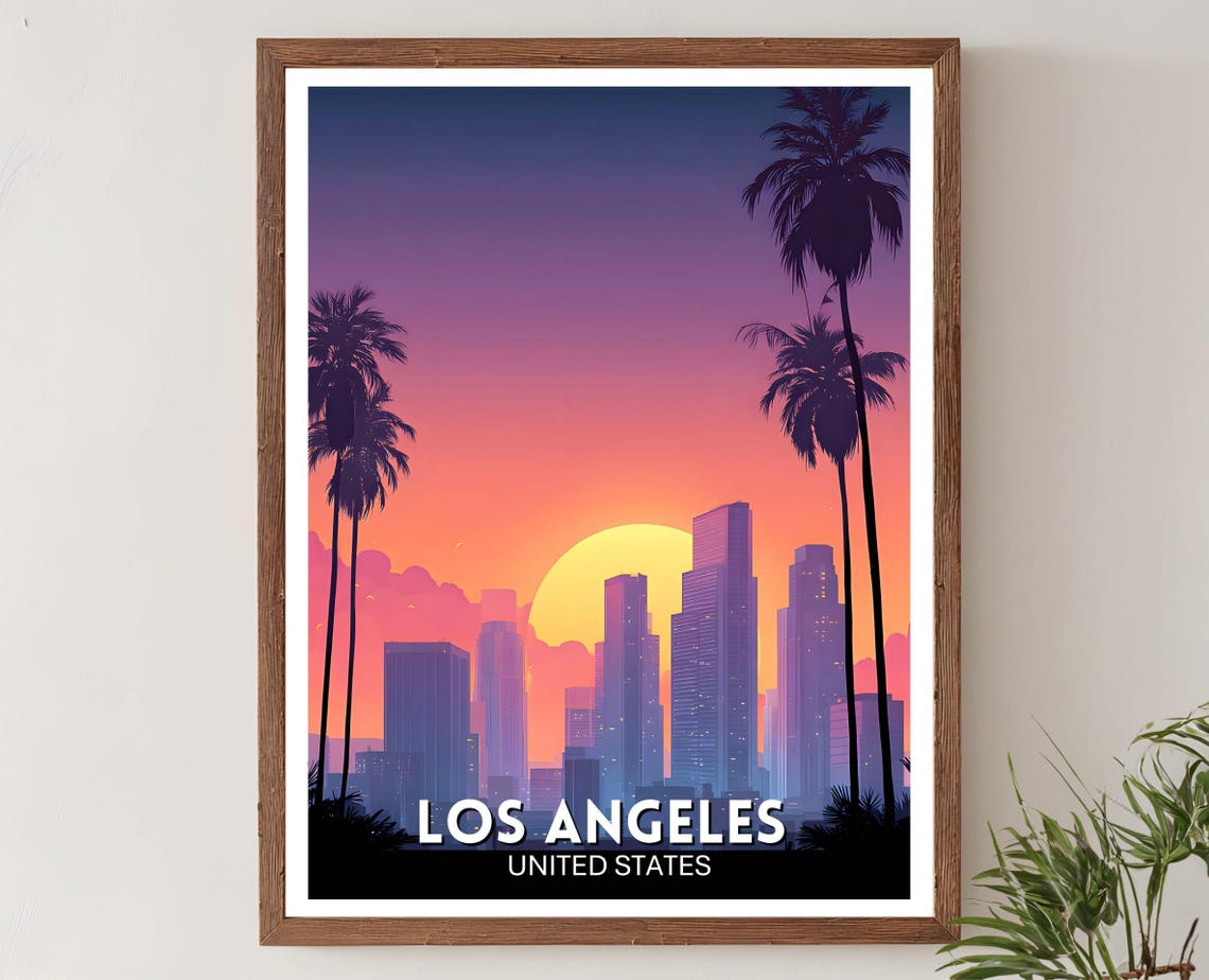 Los Angeles Sunset Downtown Skyline Palm Trees Vintage Travel Poster