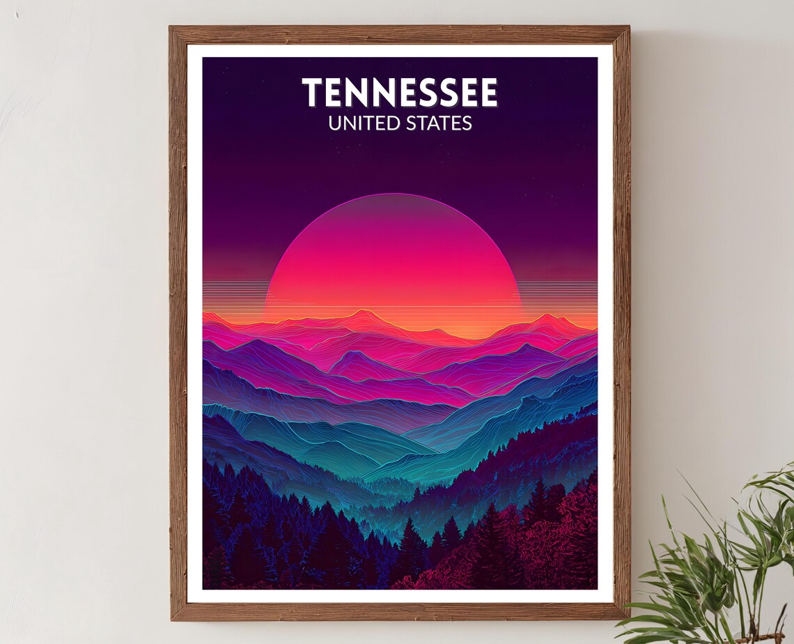 Tennessee Retro Futuristic Smoky Mountain Sunset Travel Poster