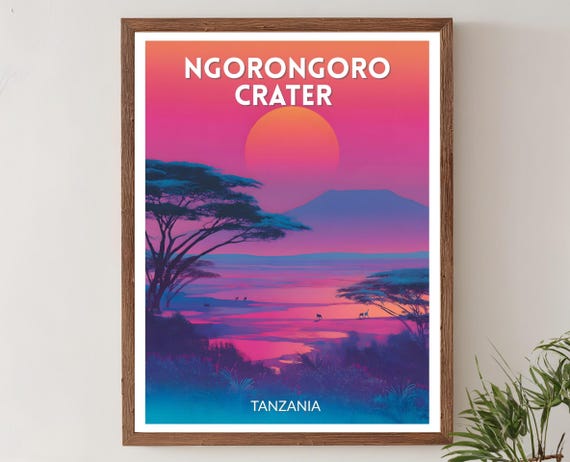 Ngorongoro Crater Vibrant Travel Poster Retro Futuristic Wall Art Print Colorful African Landscape Modern Safari Decor
