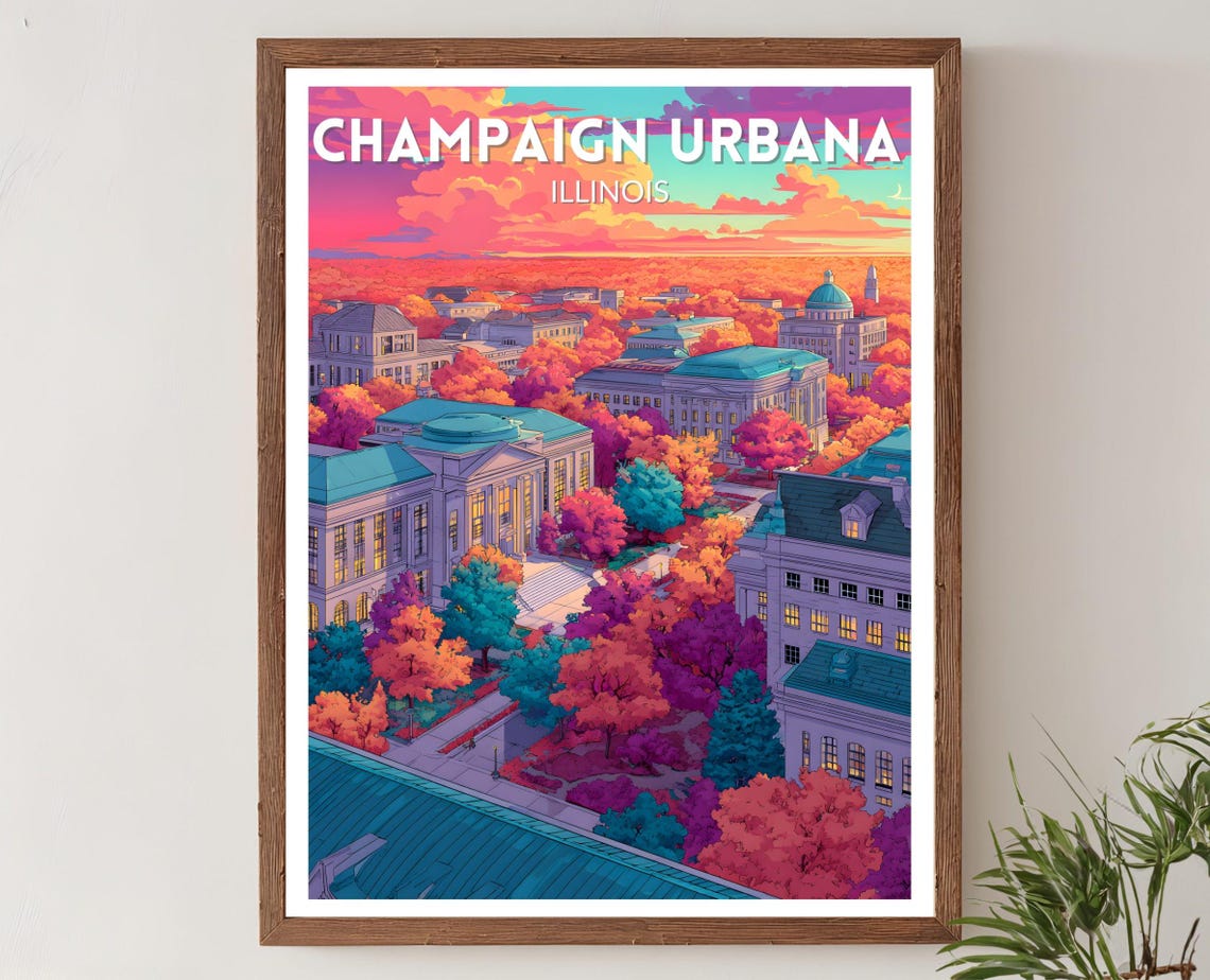Champaign Urbana Illinois Vibrant Retro Cityscape Travel Poster