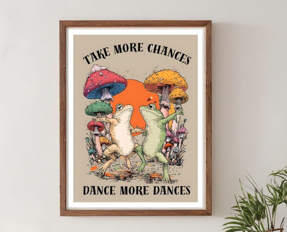 Groovy Frog Poster Retro 70s Wall Art Dancing Frogs Print Vintage Mushroom Motivational Quote Artwork Cute Animal Decor Funny