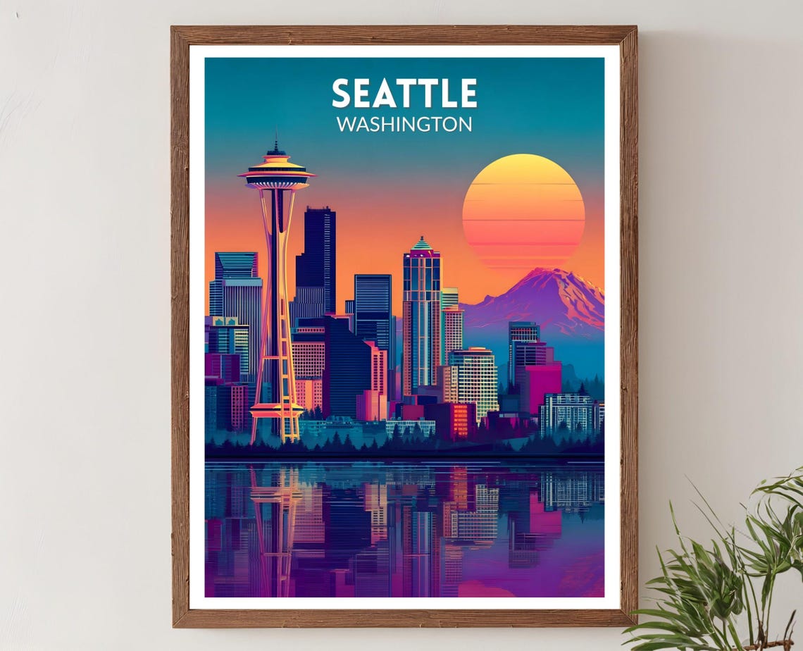 Seattle Washington Retro Sunset Skyline Space Needle Travel Poster