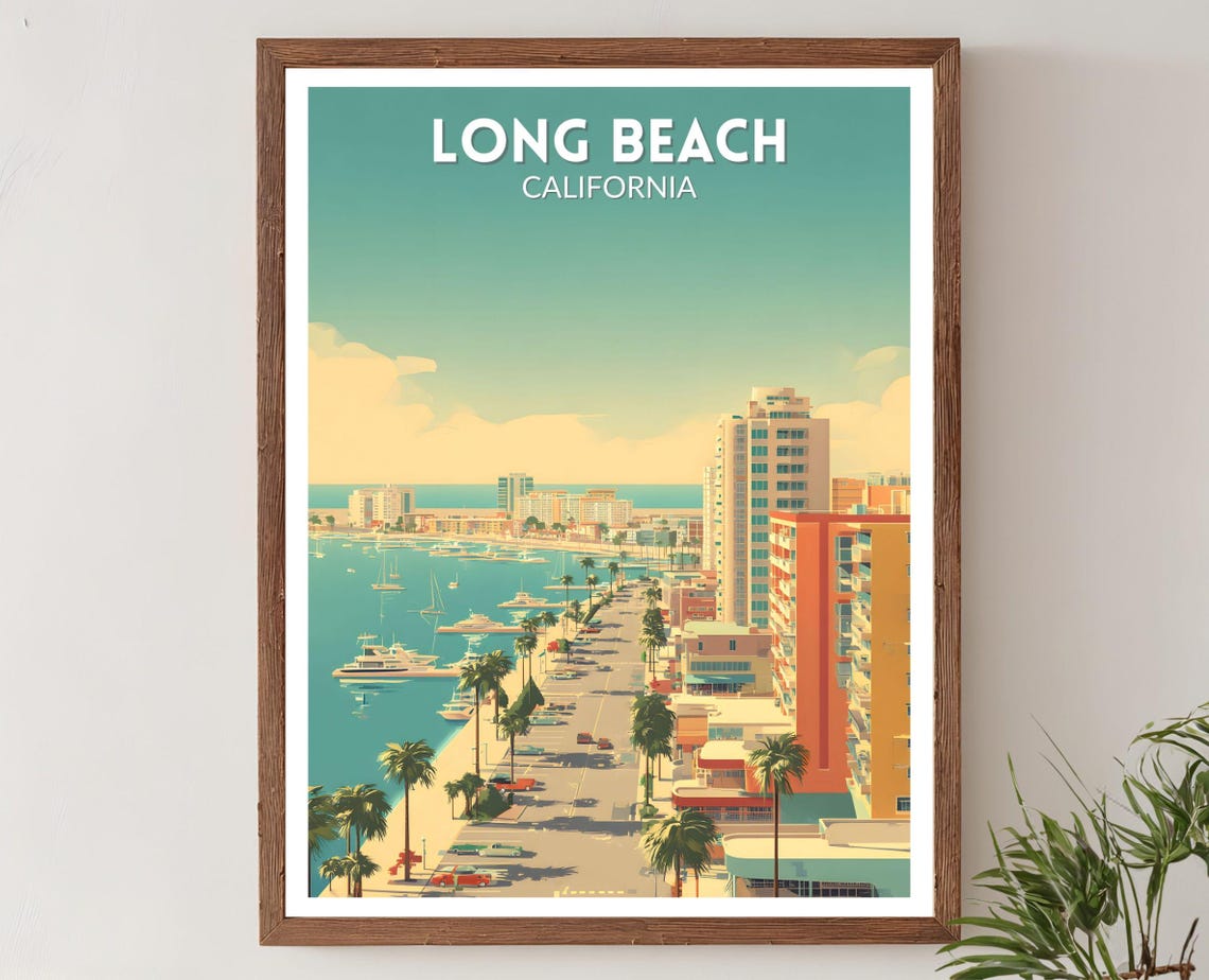 Long Beach California Ocean Palms Marina Retro Travel Poster