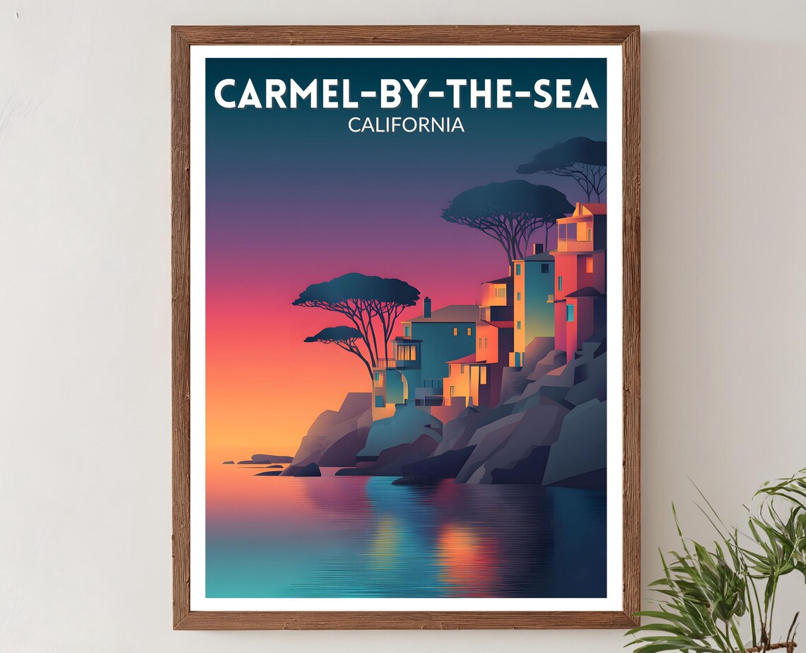 Carmelbythesea Vibrant Travel Poster, Retro Futuristic
