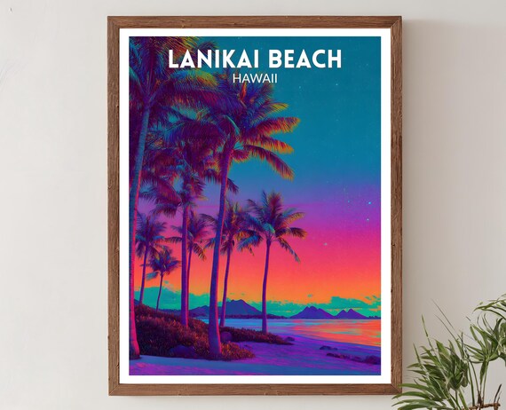 Lanikai Beach Hawaii Vibrant Retro Futuristic Sunset Travel Poster