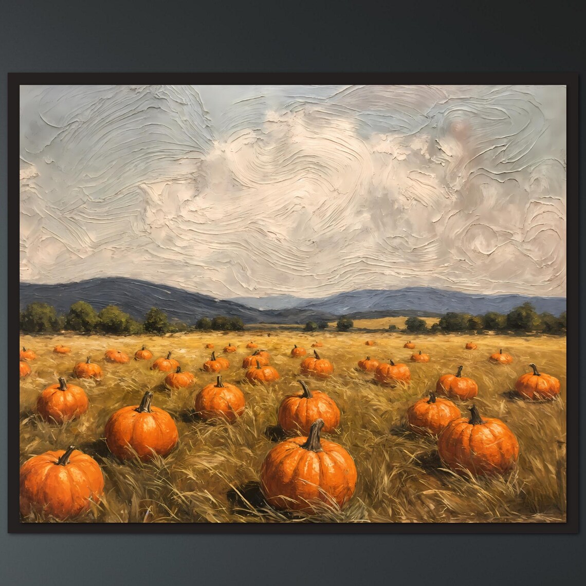 Pumpkin Field Poster Oil Painting Style Large Scale Countryside Harvest Wall Art Rustic Canvas Print