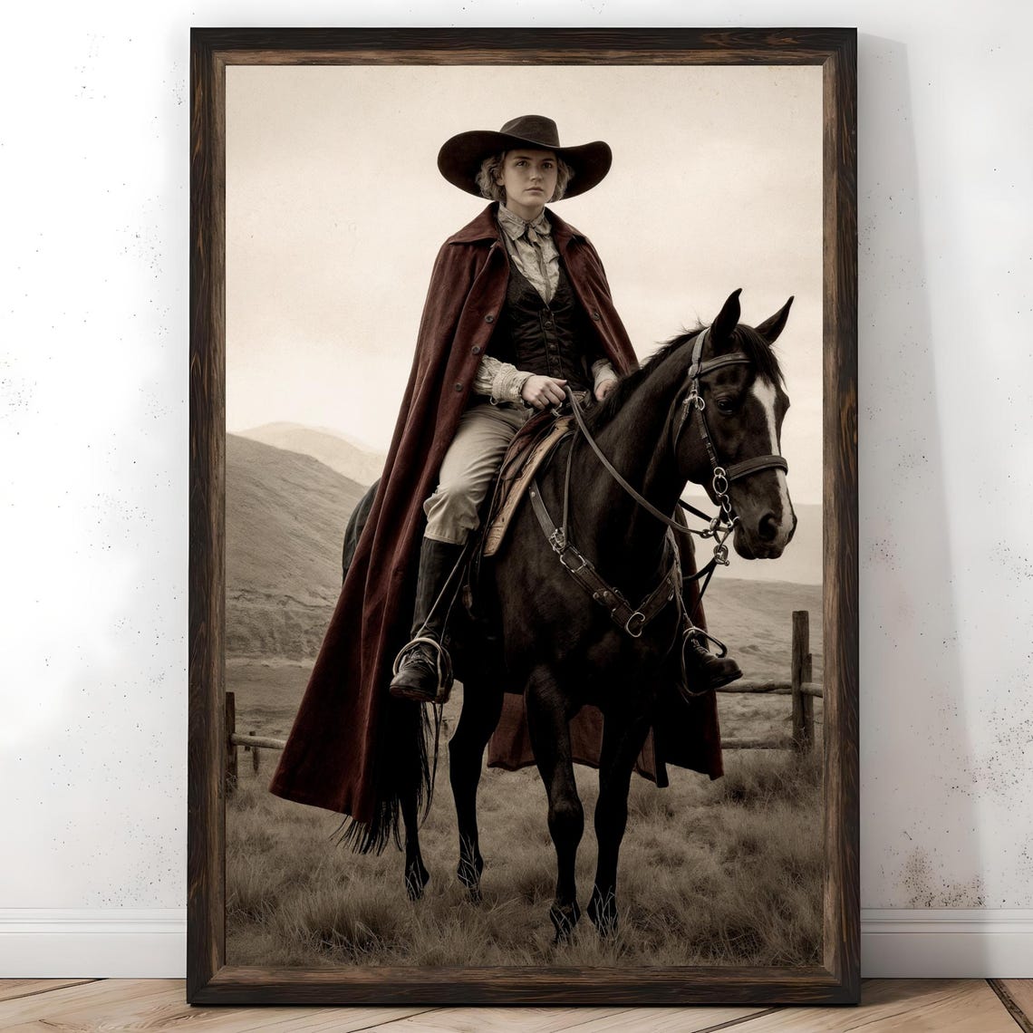Vintage Print Cowgirl On Horseback Western Prairie Oil Painting Rustic Frontier Woman Wall Art Retro Cinematic Country Decor