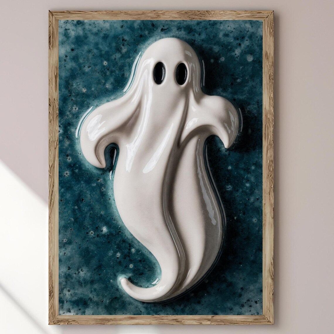 Spooky Poster Photoreal 3d Effect Print With Porcelain White On Glossy Teal