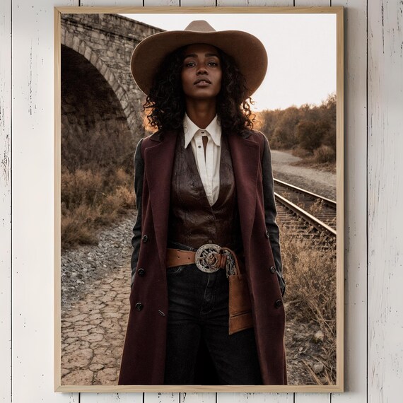 017 Vintage Black Cowgirl Portrait Dark Academia Western Wall Art Retro Frontier Woman Print Rustic Cinematic Country Decor