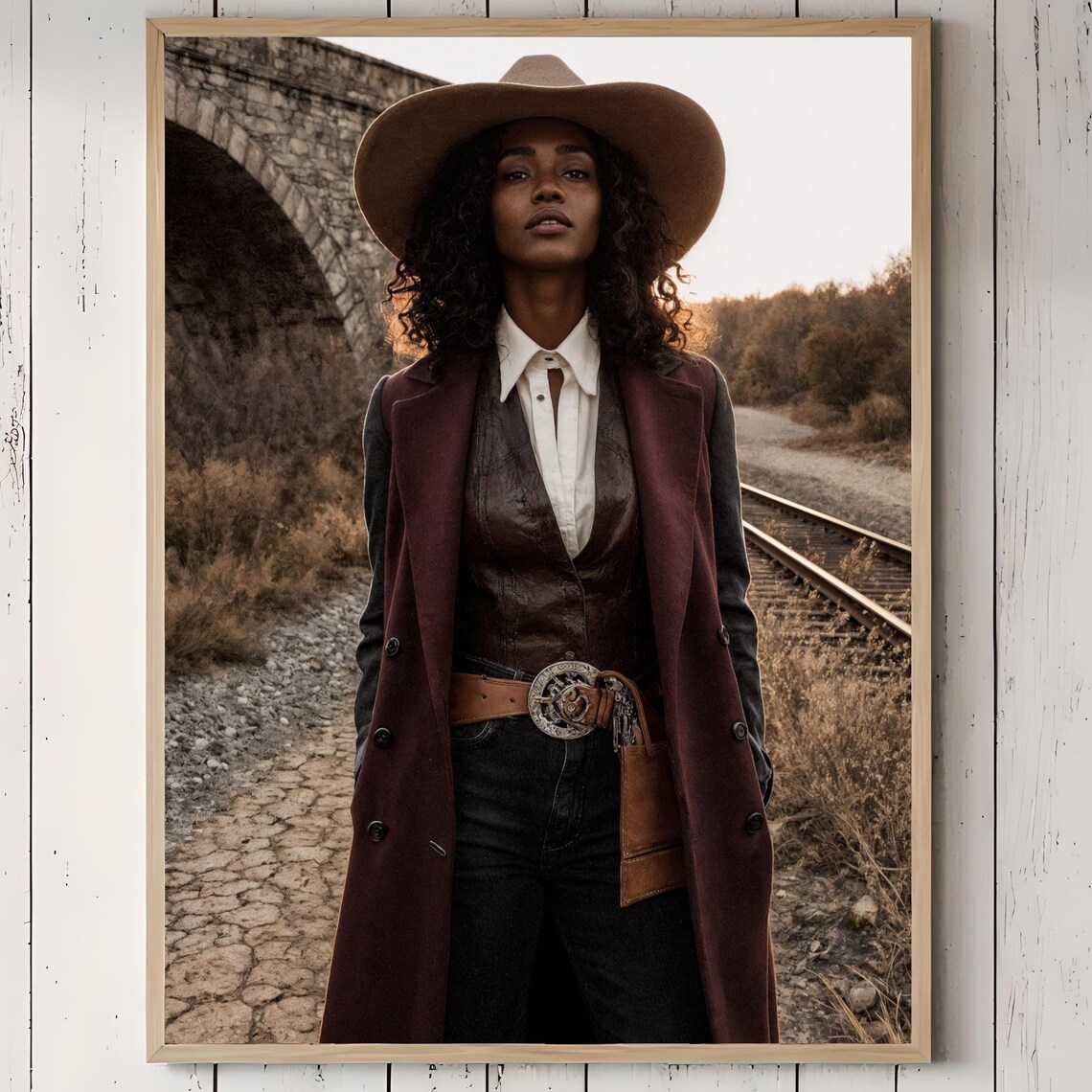 Black Cowgirl by Railroad Tracks Vintage Western Portrait Poster