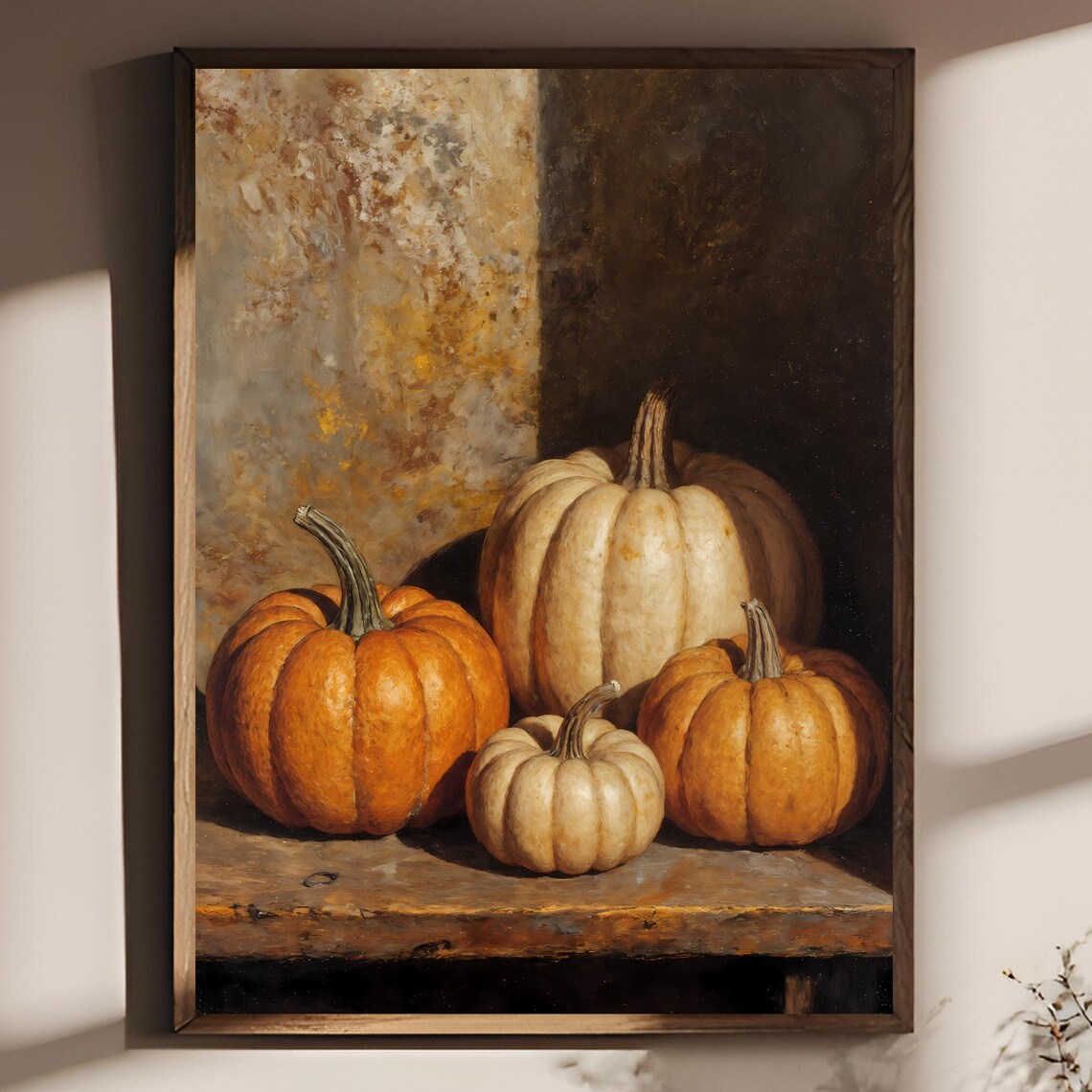 Vintage Halloween Pumpkins Moody Still Life Rustic Oil Painting Poster