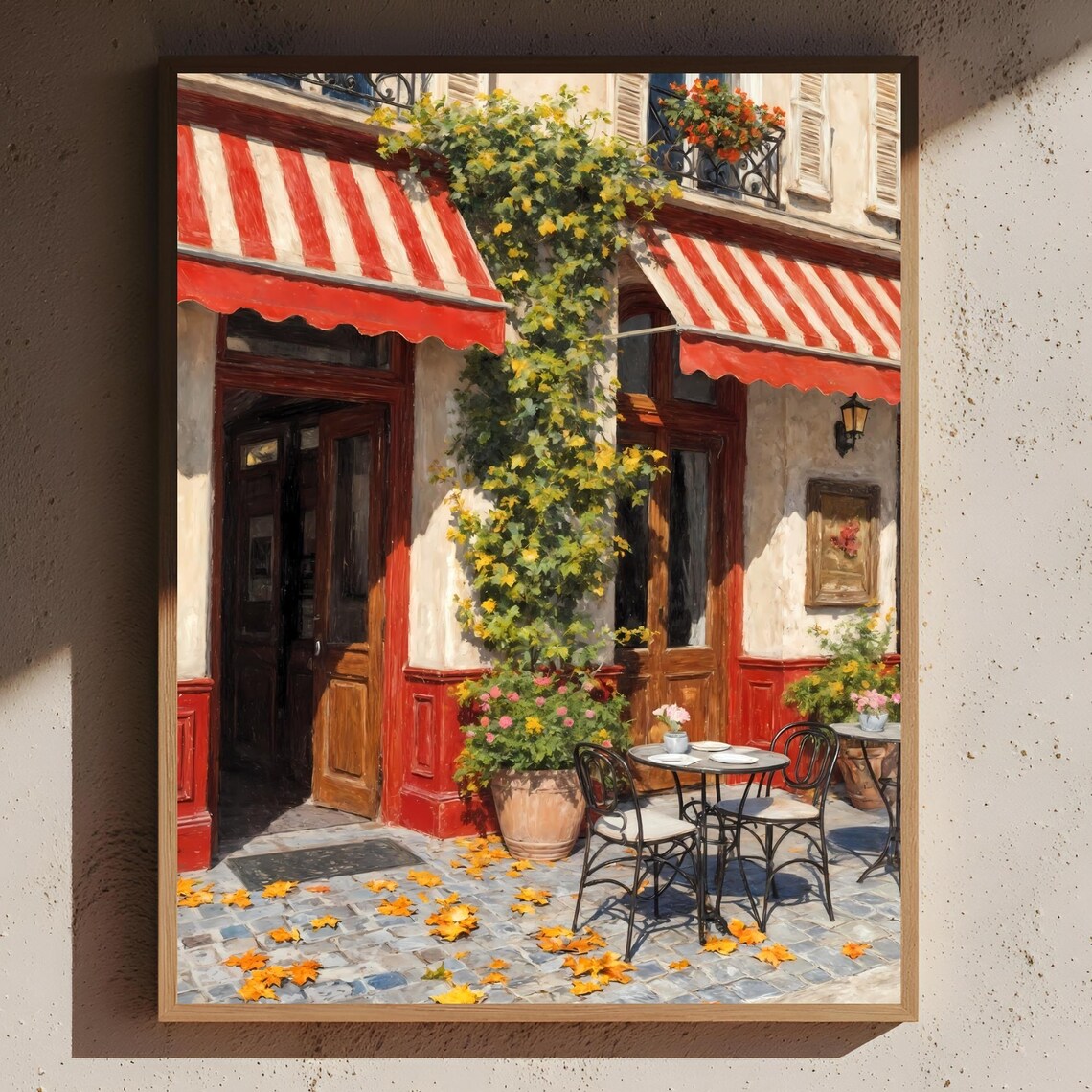 Paris Street Cafe With Red Striped Awning Autumn Leaves Oil Painting Poster