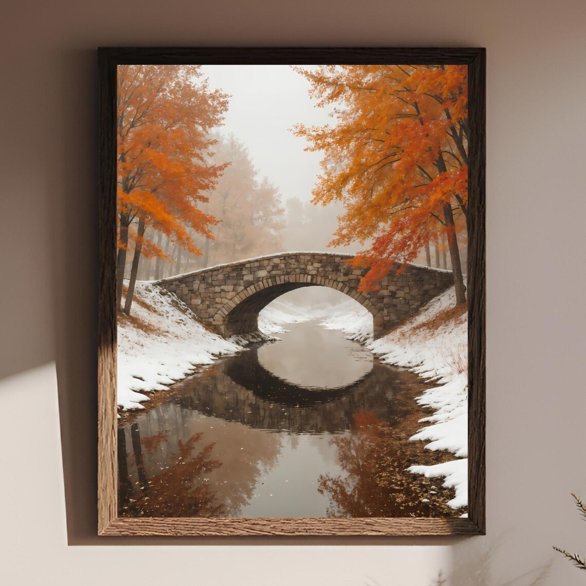Covered Bridge Autumn Winter River Landscape Poster Print