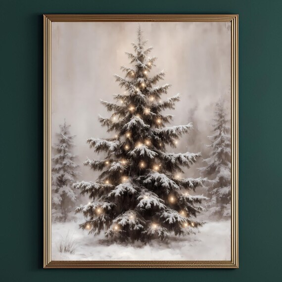 Snowy Christmas Tree With Warm Glowing Lights In Winter Forest Poster