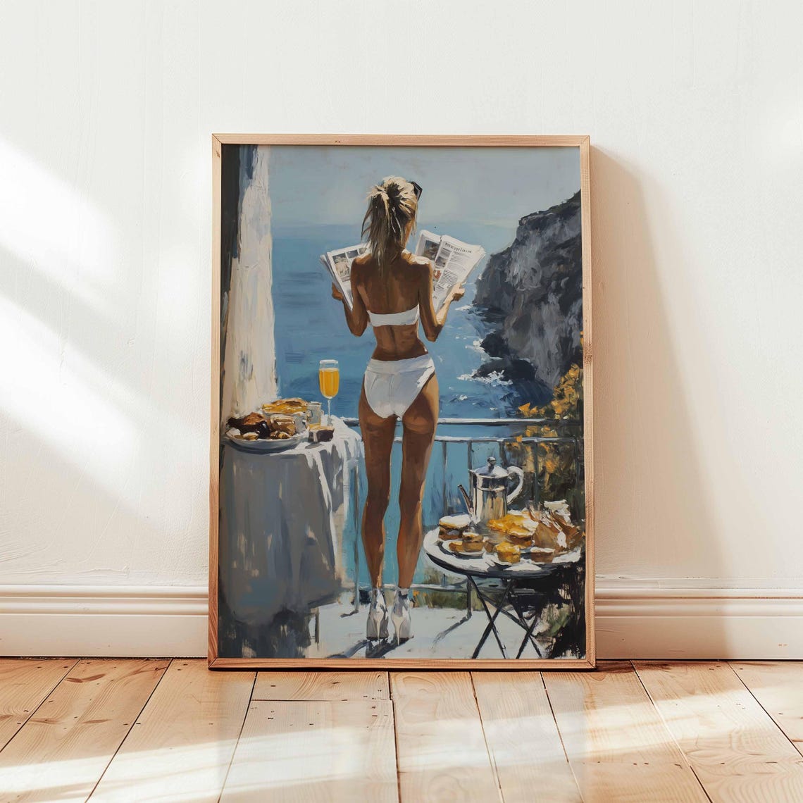 Woman Reading Newspaper Balcony Breakfast Coastal Art Poster
