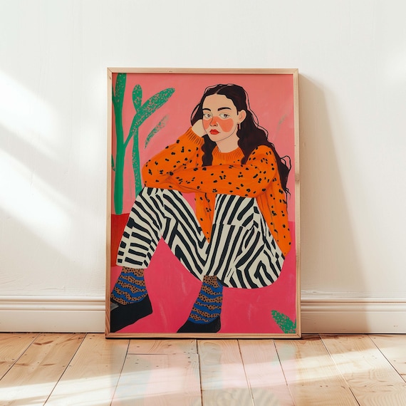 Colorful Girl in Polka Dot Sweater Fashion Illustration Poster