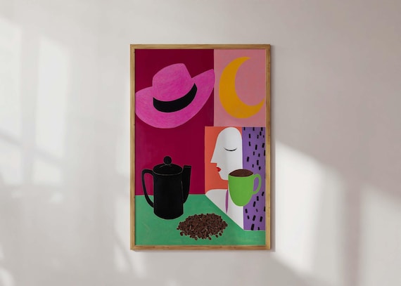 Abstract Coffee Art Print Bold Colorful Kitchen Wall Decor Modern Matisseinspired Artwork Cowboy Hat Western Cafe Poster