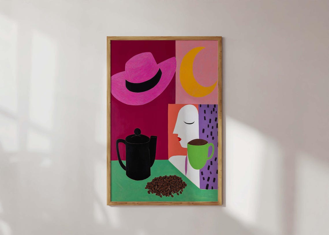 Abstract Coffee Still Life Pink Hat Green Mug Matisse Style Art Poster