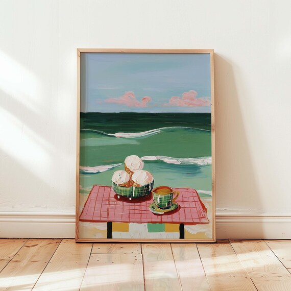 Retro Beach Picnic Coastal Kitchen Painting Green Waves Poster