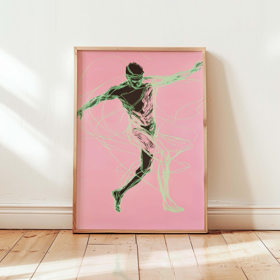 Dancer in Motion Pink and Green Expressive Line Art Dance Poster