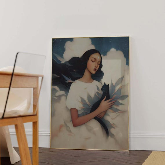Celestial Girl And Black Cat Wall Art Print Dreamy Fantasy Illustration Surreal Whimsical Room Decor Witchy Angelcore