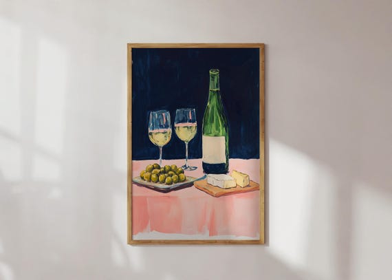 Trendy Colorful Wine And Cheese Art Vibrant Acrylic Food Painting Modern Drink Wall Henri Matisse Inspired Maximalist Decor