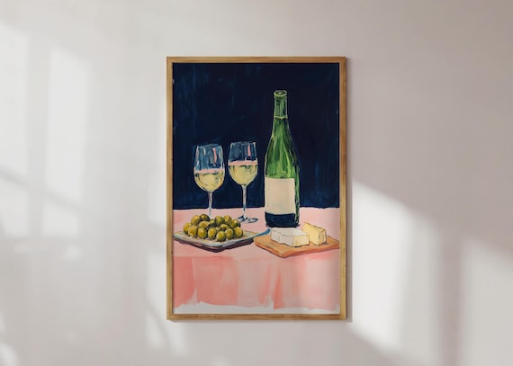 Wine and Cheese Acrylic Painting Still Life Pink Table Maximalist Food Poster