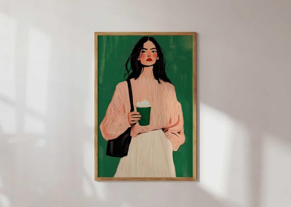 Trendy Coffee Girl Wall Art Fashion Illustration Print Cozy Woman Poster Modern Minimalist Green Decor Lover Artwork