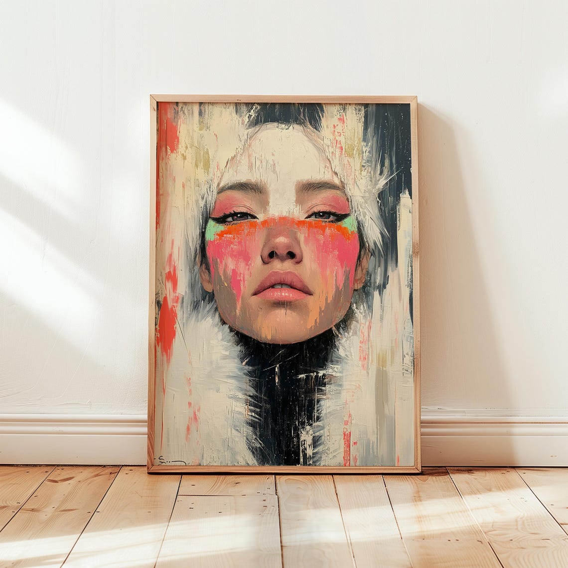 Expressive Female Portrait Neon Paint Strokes Modern Art Poster