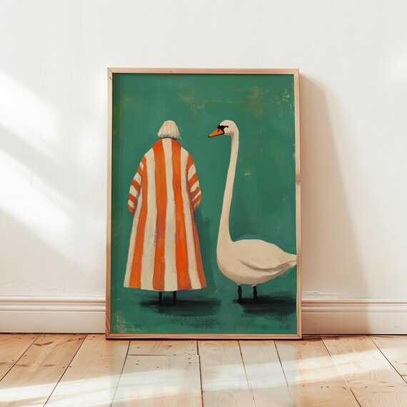 Swan and Woman Abstract Art Print, Maximalist Decor
