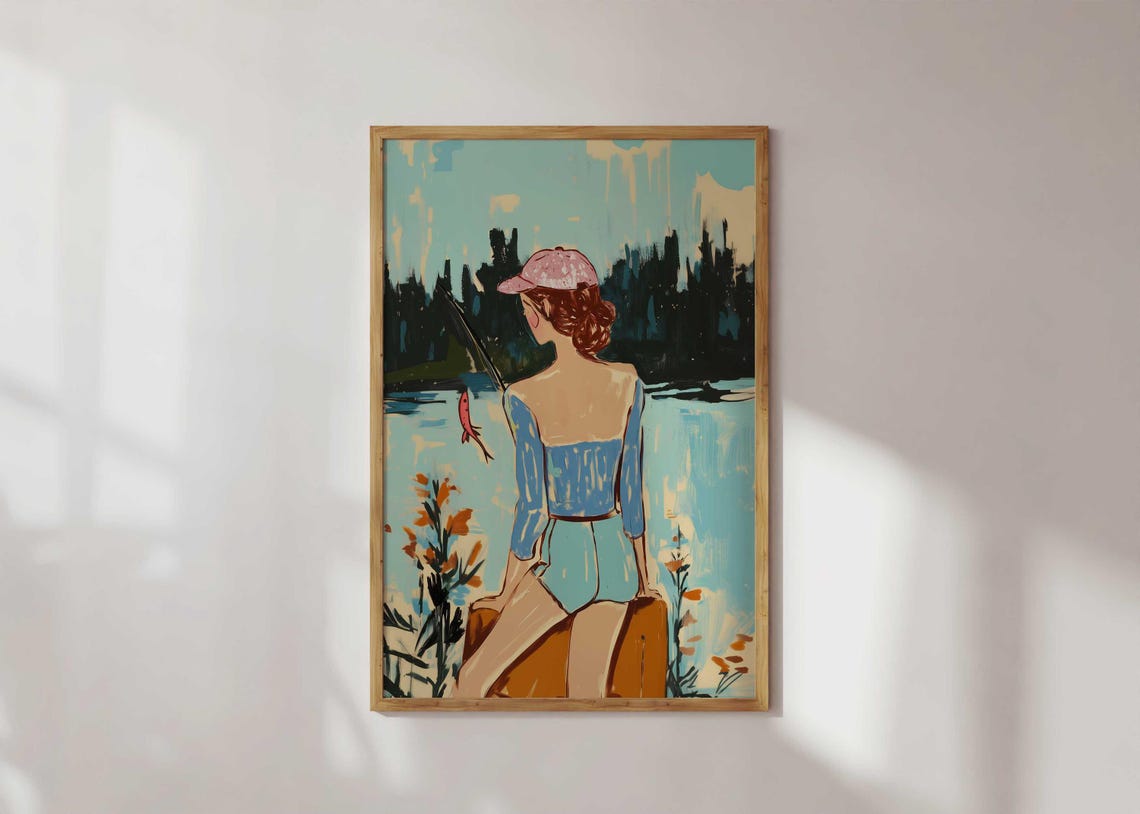 Girl Fishing at Lake Vintage Blue Outfit Retro Illustration Poster