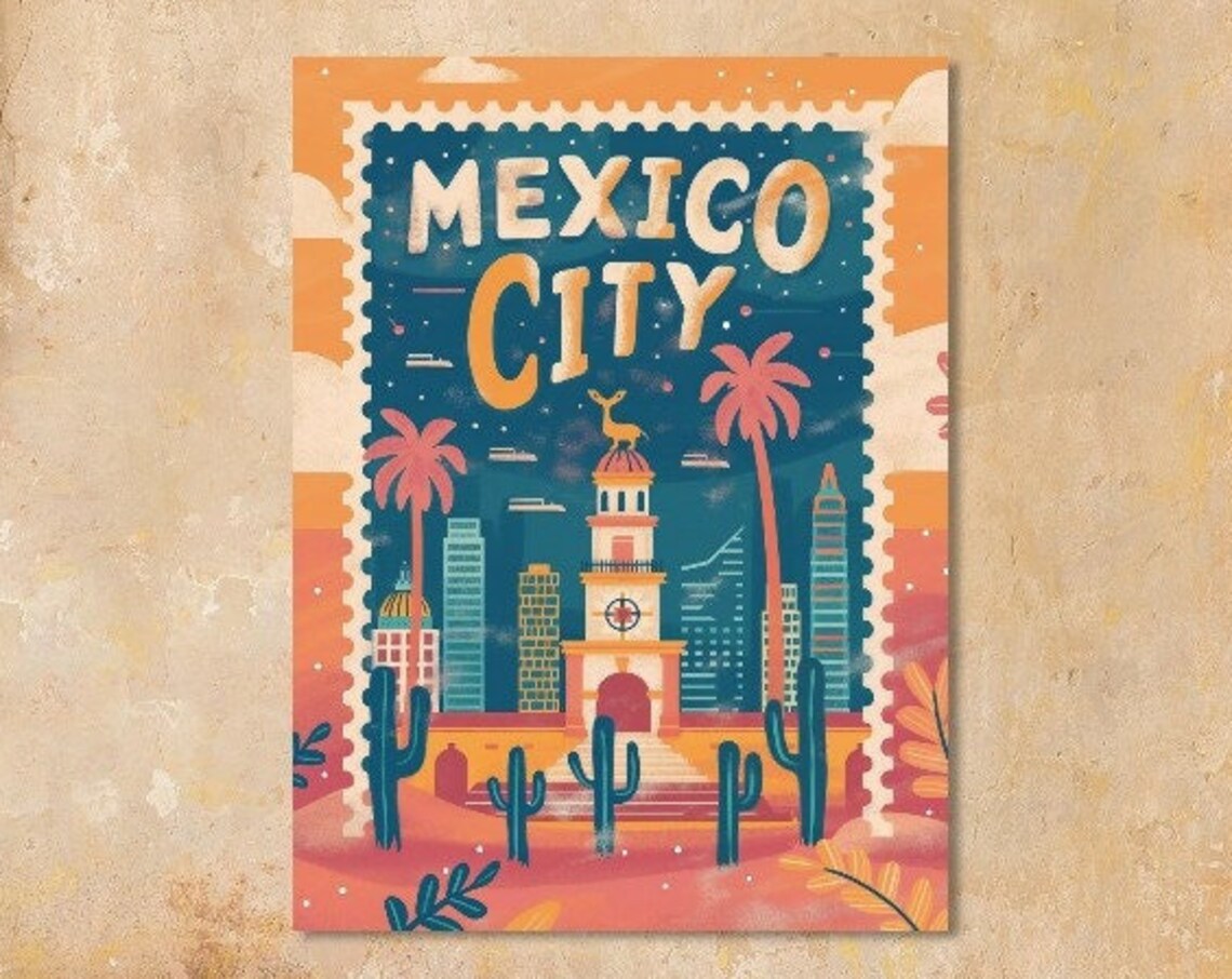 Mexico City Starry Night Skyline Vintage Travel Stamp Poster