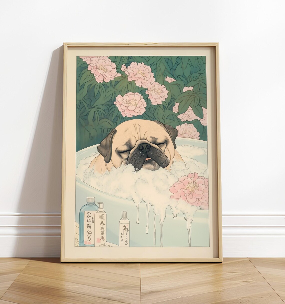Pug Bathroom Print, Kawaii Japandi Ukiyo-E Dog Art
