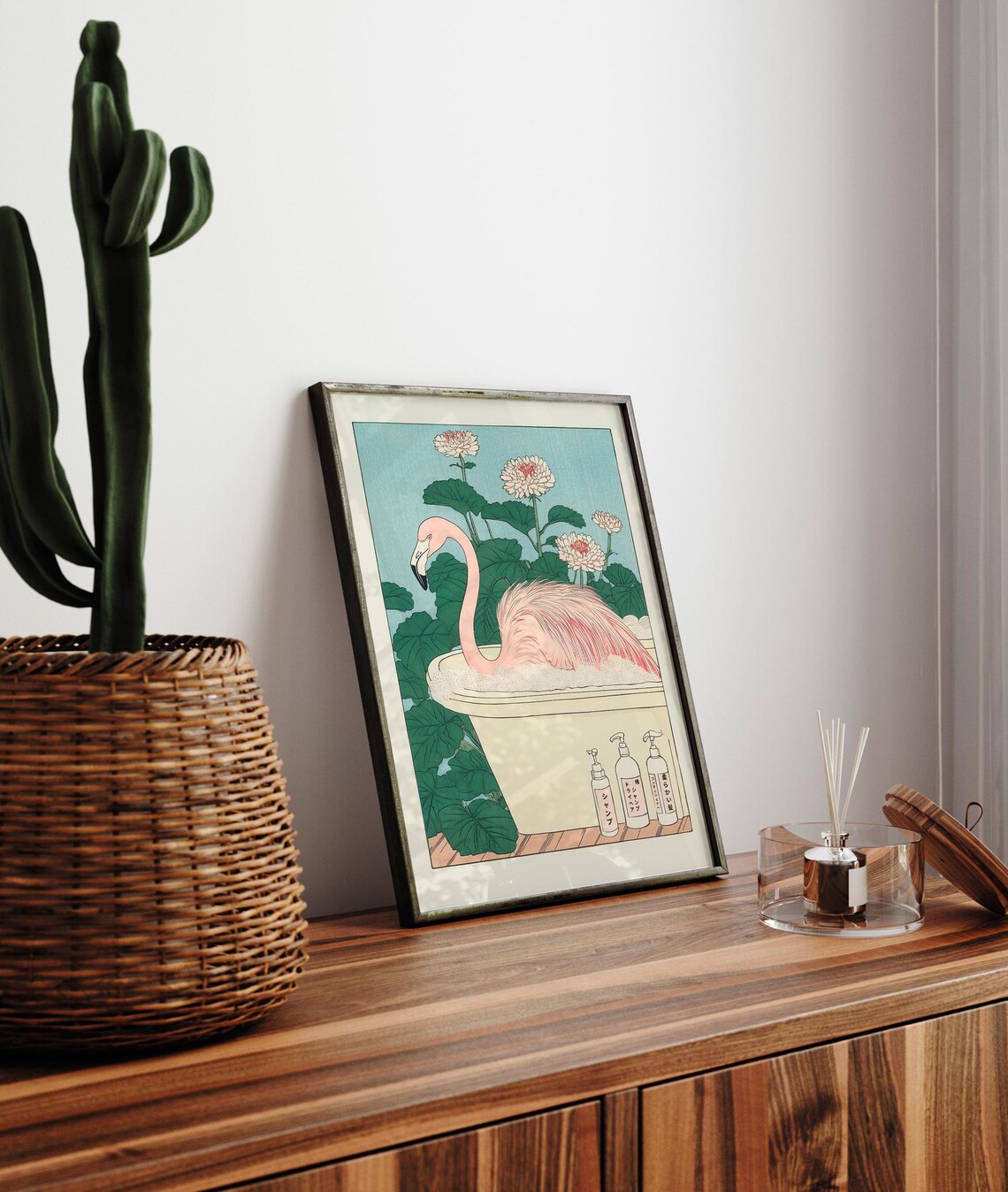 Japanese Style Pink Flamingo Bathing in Bathtub Woodblock Art Poster - Image 3