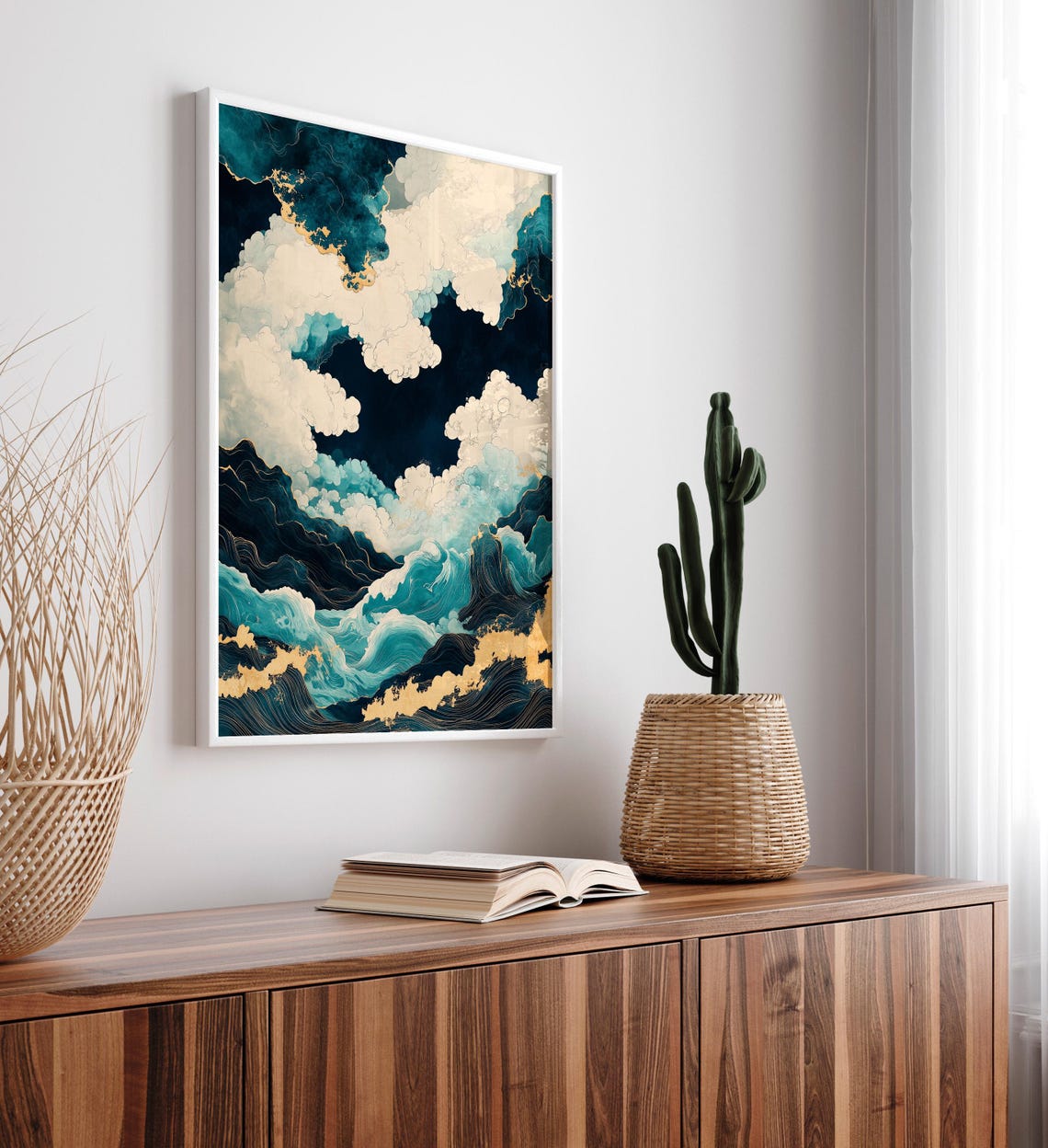 Japanese Style Abstract Ocean Waves with Gold Accents Wall Poster - Image 4