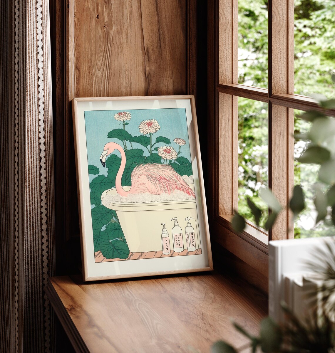 Japanese Style Pink Flamingo Bathing in Bathtub Woodblock Art Poster - Image 5