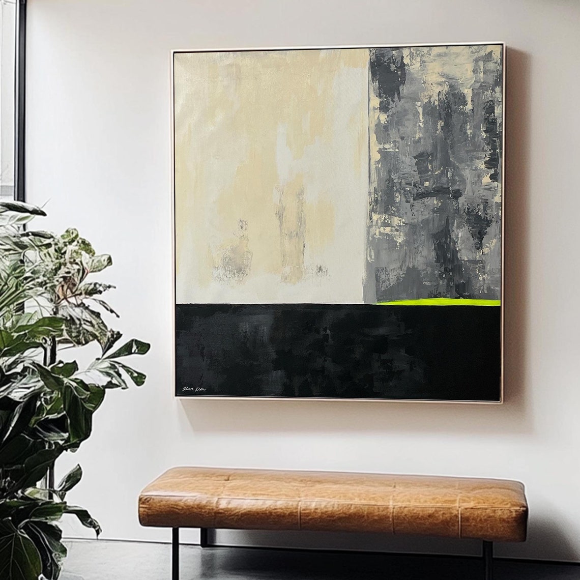 Black White and Gray Blocked Minimalist Abstract with Neon Poster