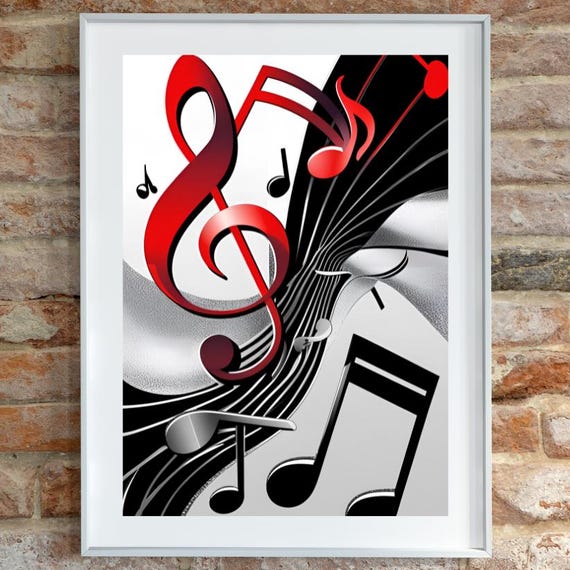 Modern Abstract Music Notes Poster Midcentury Wall Art Bold Geometric Shapes And Musical Symbols Red Silver Artwork Jazzinspired Decor