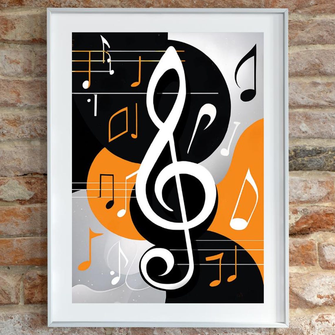 Bold White Treble Clef With Music Notes On Black Orange Grey Poster