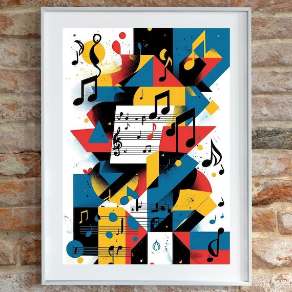 Modern Abstract Music Notes Poster Midcentury Wall Art Bold Geometric Shapes And Musical Symbols Blue Silver Artwork Jazzinspired Decor